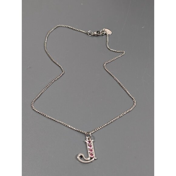 Pink Rhinestone Birthstone Initial Letter J Pendant Silver Tone Retro Necklace - Picture 3 of 9